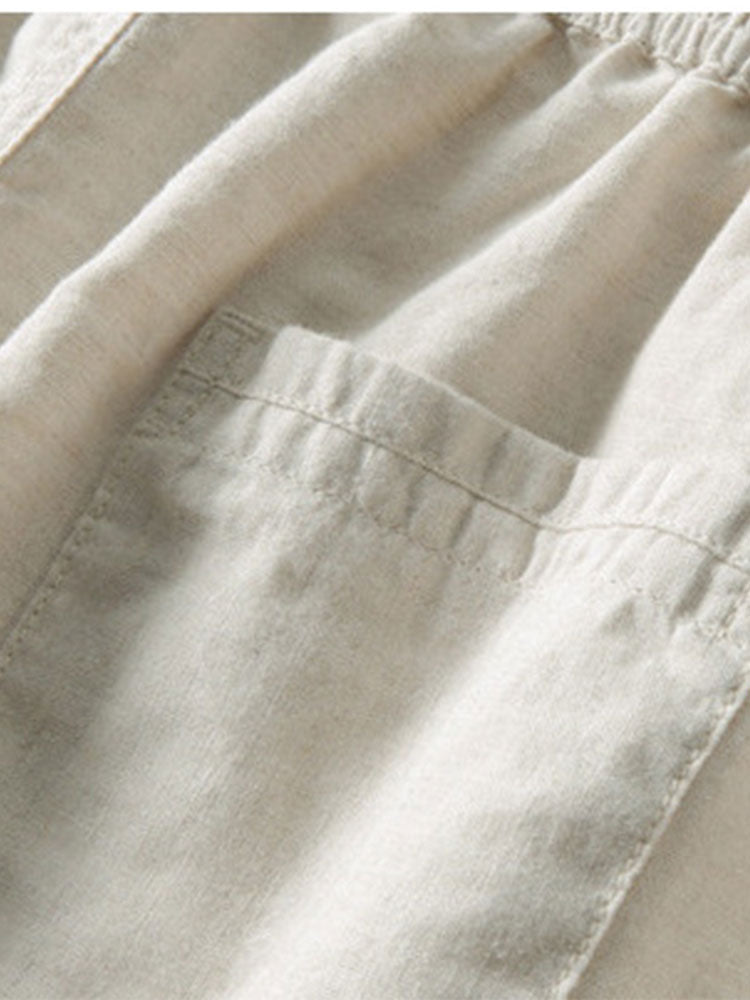 Short Sleeve Stand Collar Shirt & Straight Leg Linen Pants