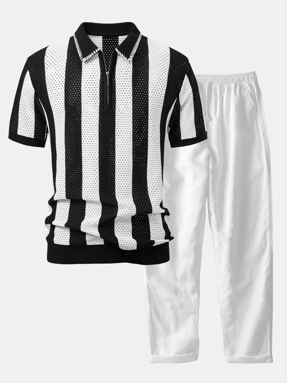 Striped Eyelet Knit Zip Up Polo Shirt & Straight Leg Linen Pants