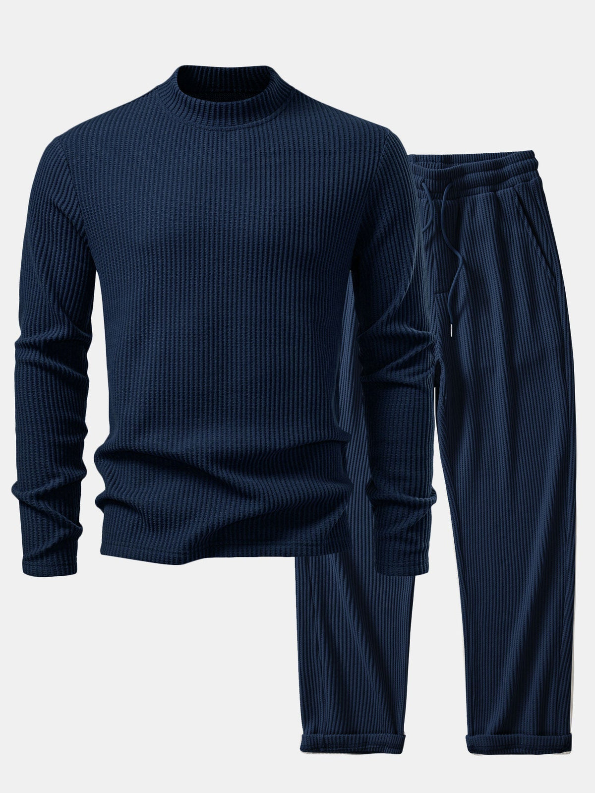 Long Sleeve Waffle Mock Neck T-Shirt & Drawstring Knitted Waffle Pants
