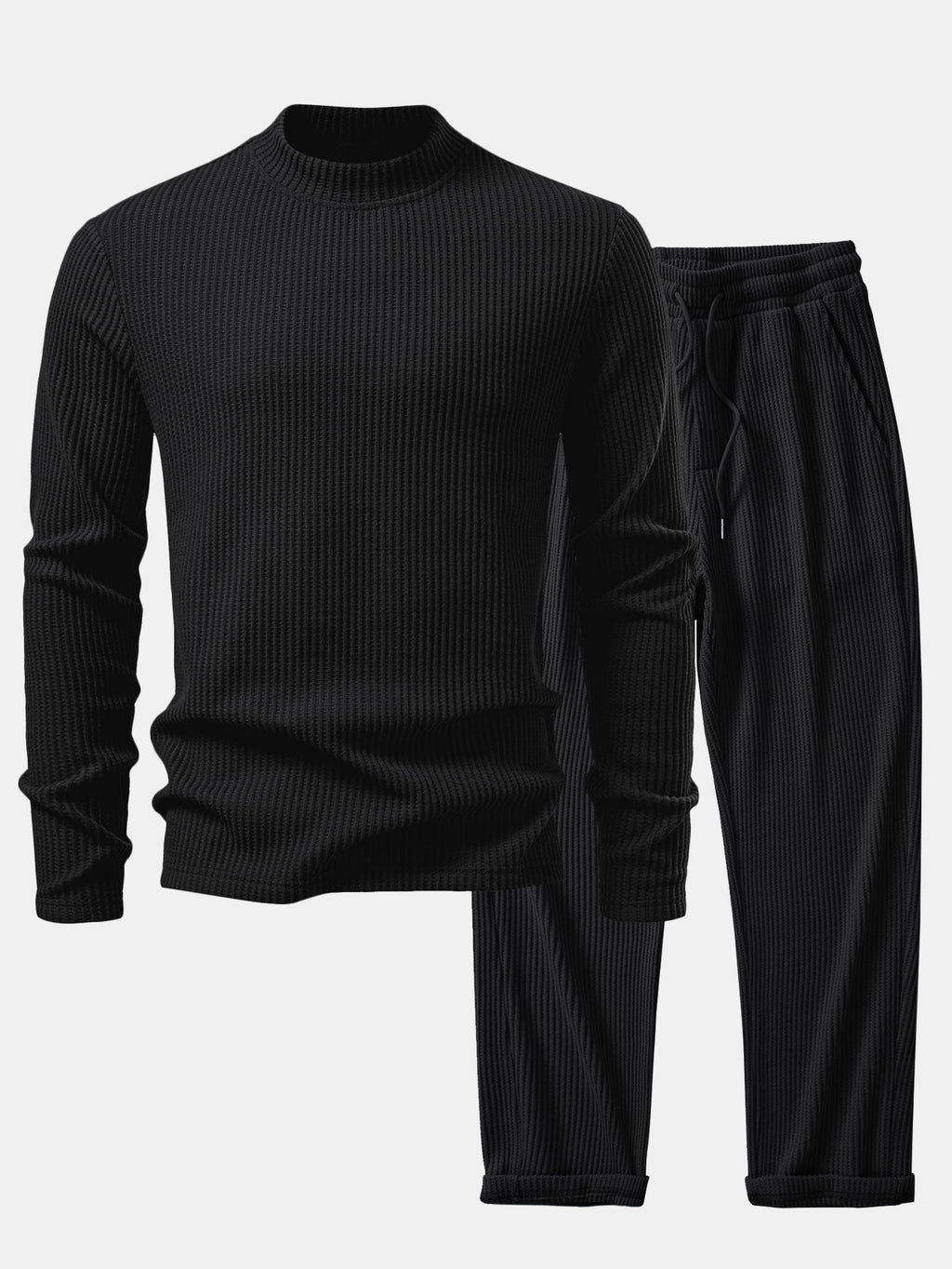 Long Sleeve Waffle Mock Neck T-Shirt & Drawstring Knitted Waffle Pants