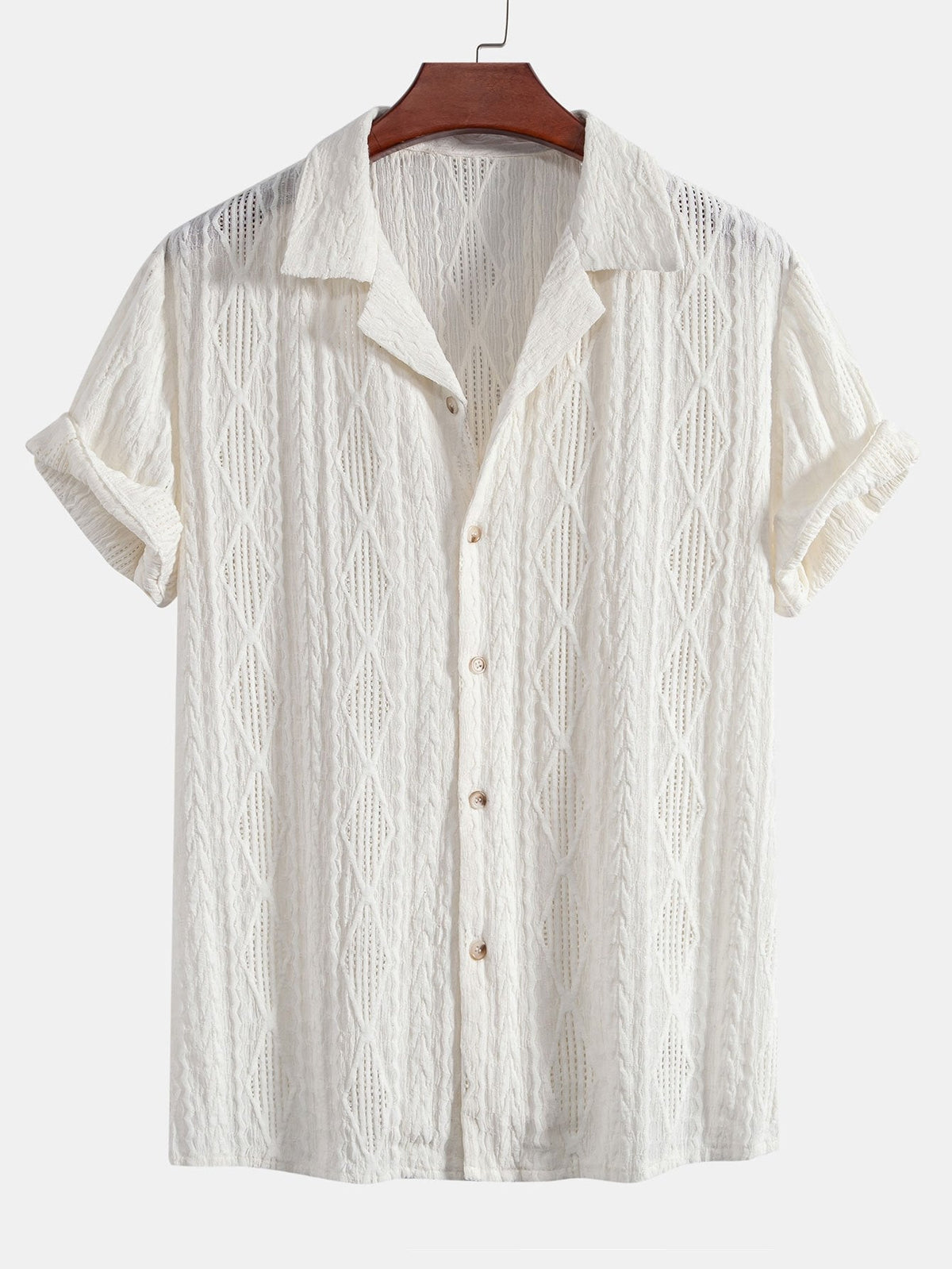 Geometric Jacquard Eyelet Cuban Shirt & Crinkled Textured Drawstring Shorts