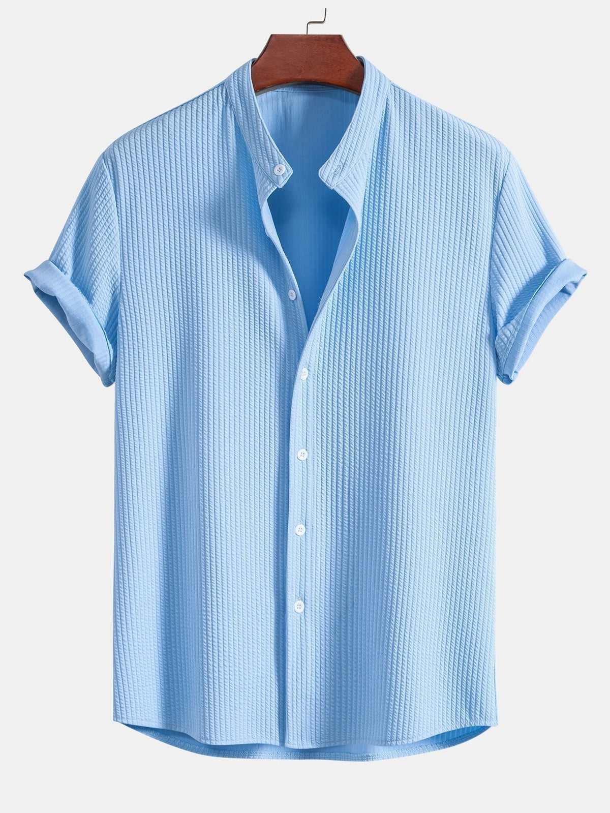 Muscle Fit Ribbed Stand Collar Shirt & Elastic Waist Straight Leg Trousers